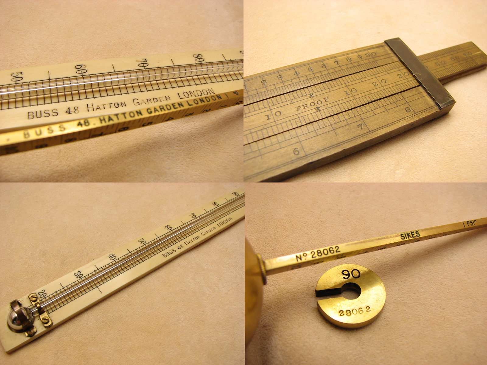 Antique Sike's hydrometer set with proof rule by BUSS, 48 Hatton Garden, London
